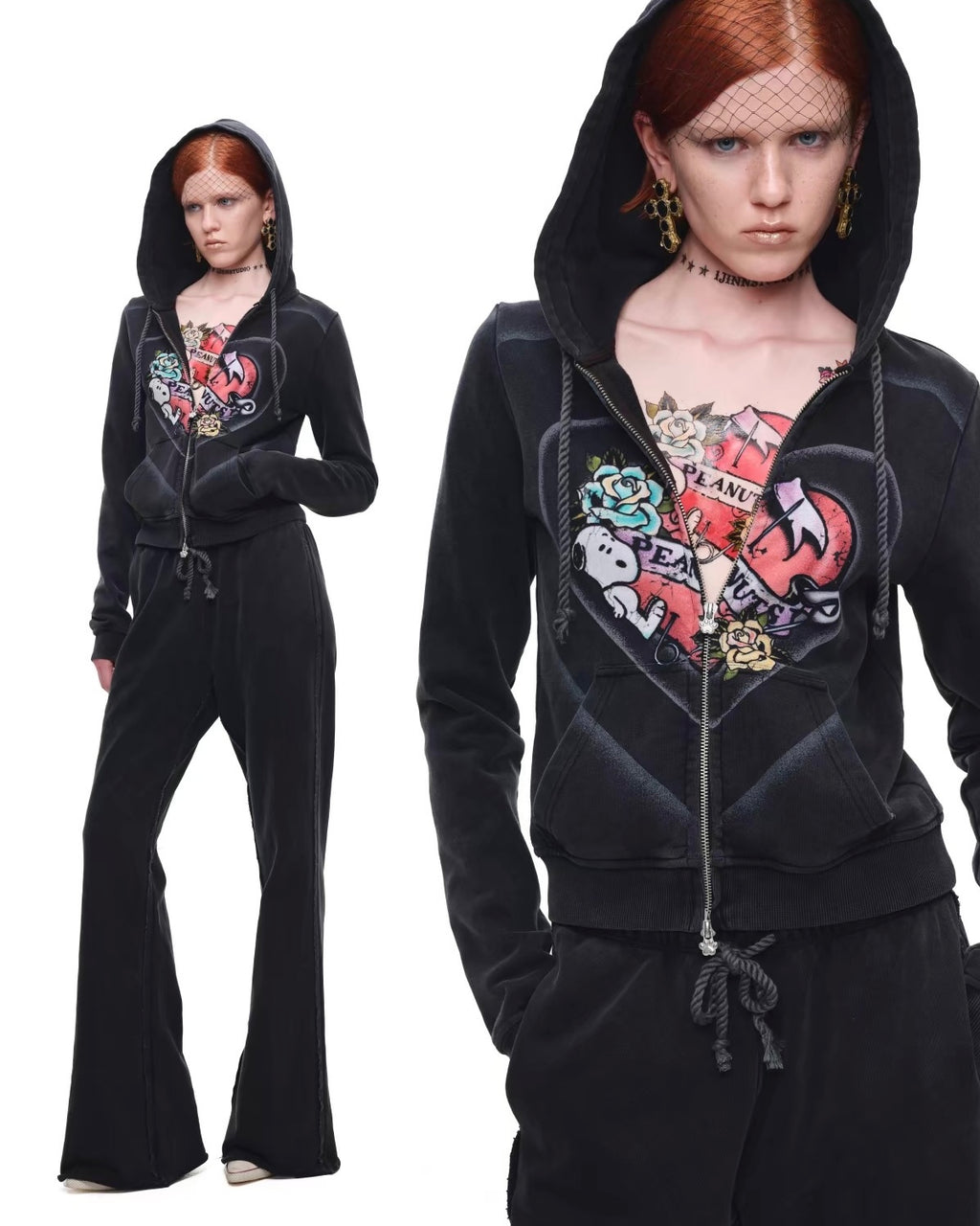 Snoopy Heart-Print Zip Hoodie & Flare Sweatpants Set